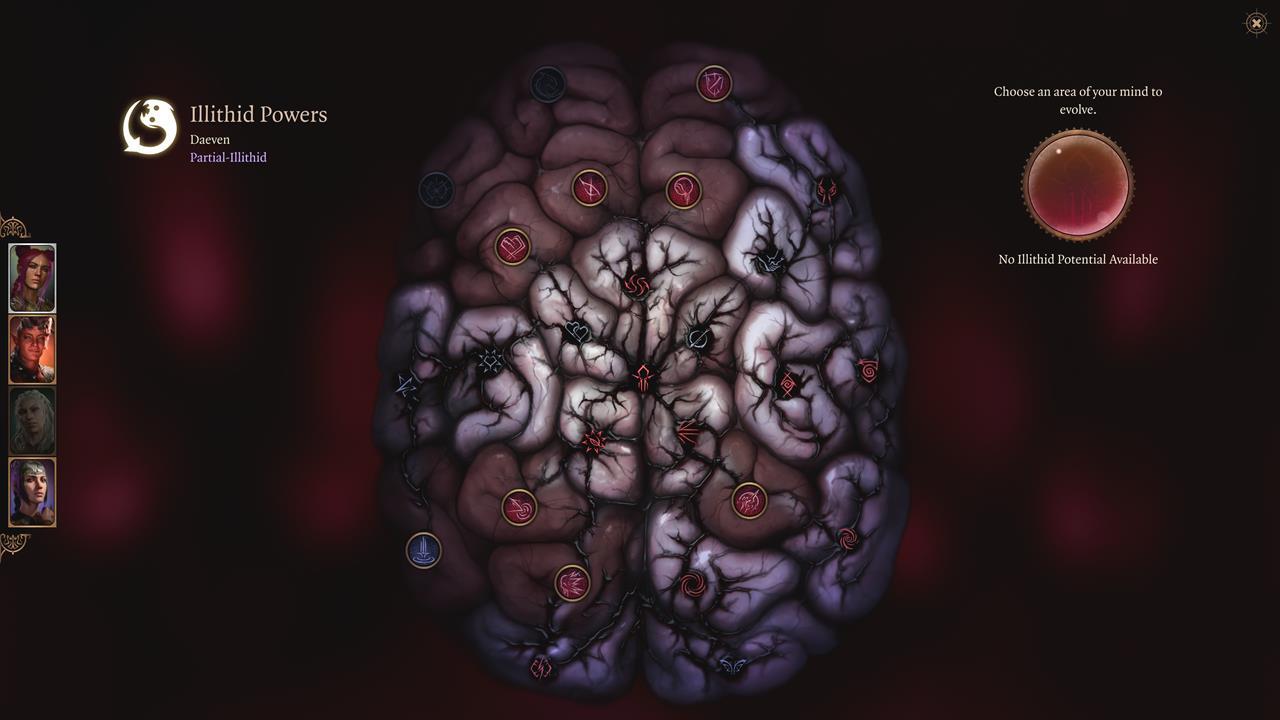 The main character's brain, showing some of the Illithid Powers that have been unlocked.